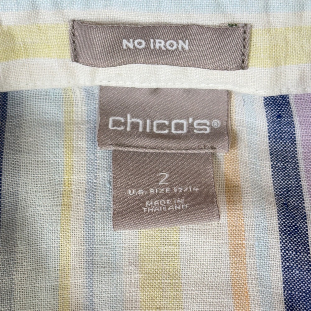 Chicos No Iron Linen Striped Button Down Shirt Womens 2 L 12/14 Mul 3/4 Sleeve - Picture 3 of 9
